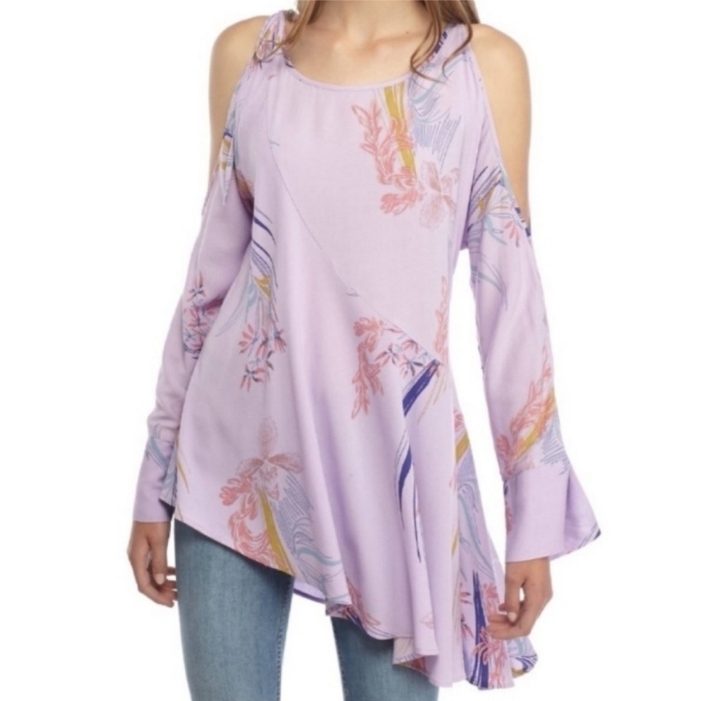FREE PEOPLE LAVENDER FLORAL COLD SHOULDER TUNIC CLEAR SKIES